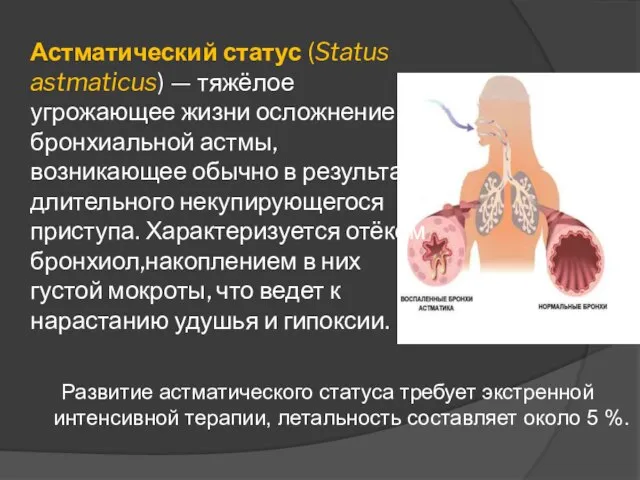 Астматический статус (Status astmaticus) — тяжёлое угрожающее жизни осложнение бронхиальной астмы,