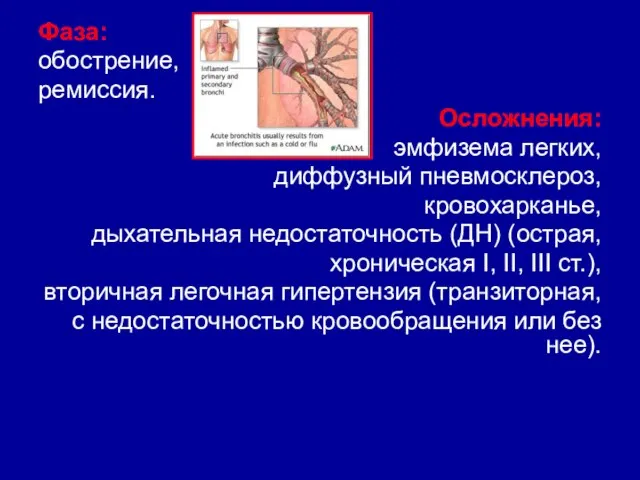 Фаза: обострение, ремиссия. Осложнения: эмфизема легких, диффузный пневмосклероз, кровохарканье, дыхательная недостаточность