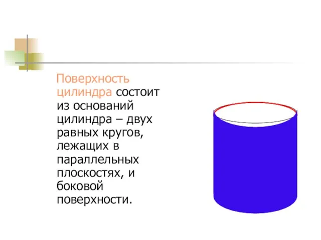 Поверхность цилиндра состоит из оснований цилиндра – двух равных кругов, лежащих