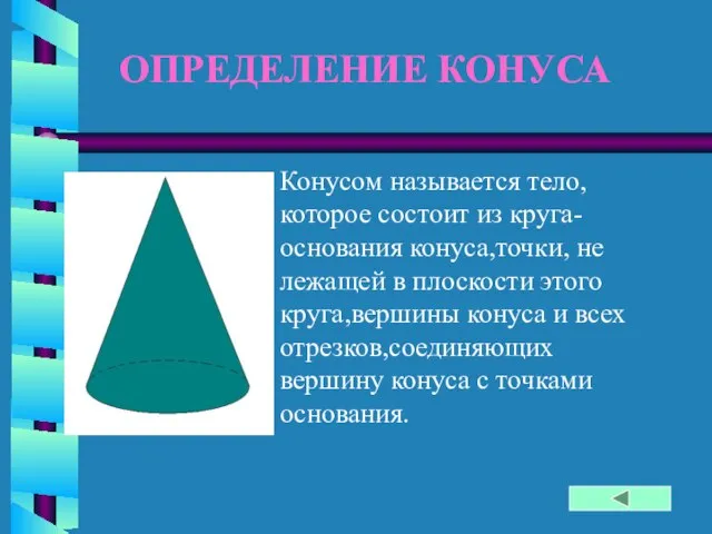 ОПРЕДЕЛЕНИЕ КОНУСА Конусом называется тело,которое состоит из круга-основания конуса,точки, не лежащей