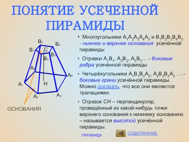 ПИРАМИДА СОДЕРЖАНИЕ ПОНЯТИЕ УСЕЧЕННОЙ ПИРАМИДЫ ОСНОВАНИЯ С Н Многоугольники А1А2А3А4А5 и