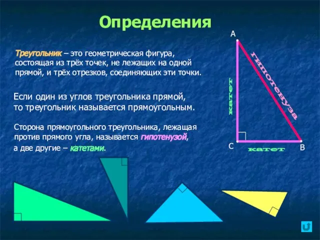 Определения Если один из углов треугольника прямой, то треугольник называется прямоугольным.