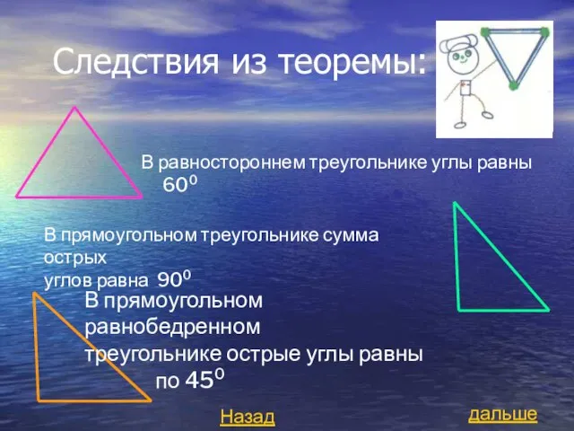 Следствия из теоремы: В равностороннем треугольнике углы равны 600 В прямоугольном