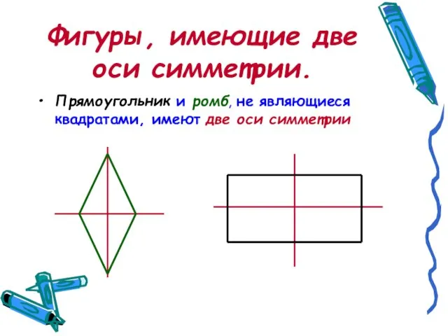 Фигуры, имеющие две оси симметрии. Прямоугольник и ромб, не являющиеся квадратами, имеют две оси симметрии