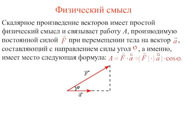 Физический смысл Скалярное произведение векторов имеет простой физический смысл и связывает