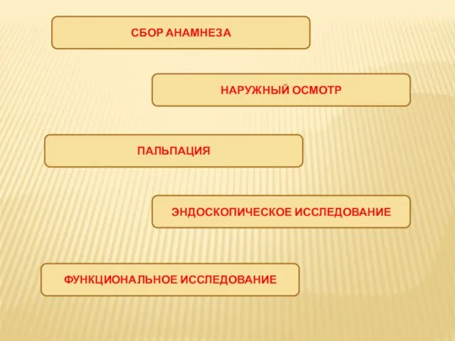 СБОР АНАМНЕЗА НАРУЖНЫЙ ОСМОТР ФУНКЦИОНАЛЬНОЕ ИССЛЕДОВАНИЕ ПАЛЬПАЦИЯ ЭНДОСКОПИЧЕСКОЕ ИССЛЕДОВАНИЕ