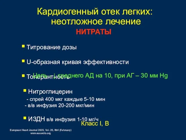 Кардиогенный отек легких: неотложное лечение Класс I, В НИТРАТЫ Титрование дозы