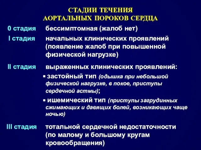 СТАДИИ ТЕЧЕНИЯ АОРТАЛЬНЫХ ПОРОКОВ СЕРДЦА