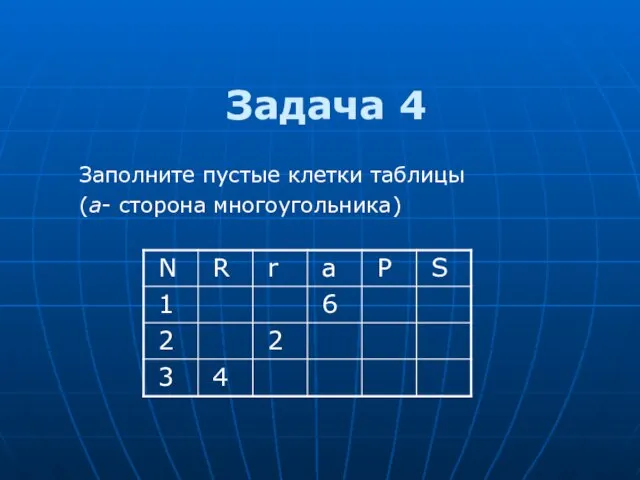 Заполните пустые клетки таблицы (a- сторона многоугольника) Задача 4