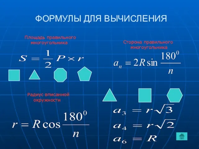 ФОРМУЛЫ ДЛЯ ВЫЧИСЛЕНИЯ Площадь правильного многоугольника Сторона правильного многоугольника Радиус вписанной окружности