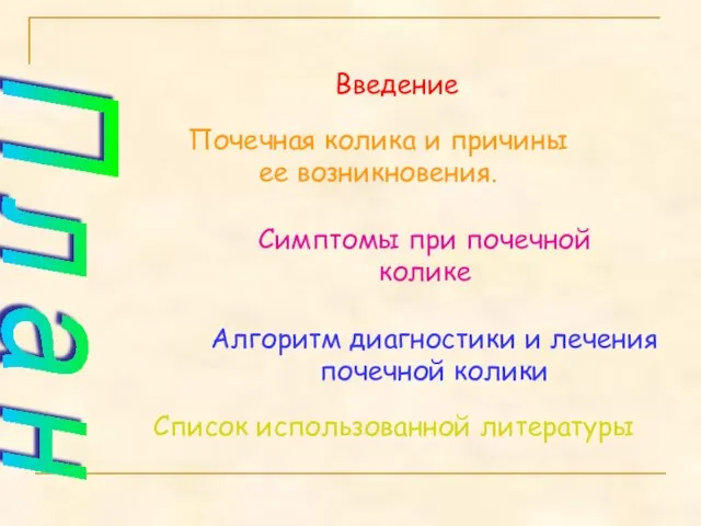 П л а н Введение Почечная колика и причины ее возникновения.