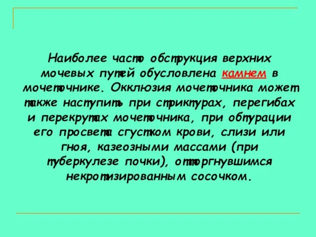 Наиболее часто обструкция верхних мочевых путей обусловлена камнем в мочеточнике. Окклюзия