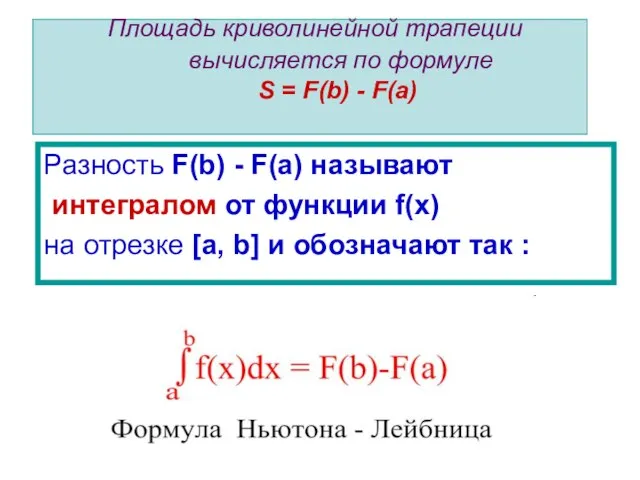 Площадь криволинейной трапеции вычисляется по формуле S = F(b) - F(a)