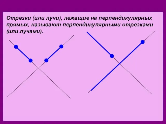 Отрезки (или лучи), лежащие на перпендикулярных прямых, называют перпендикулярными отрезками (или лучами).