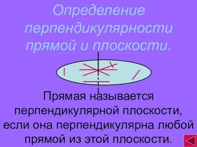 Определение перпендикулярности прямой и плоскости. Прямая называется перпендикулярной плоскости, если она