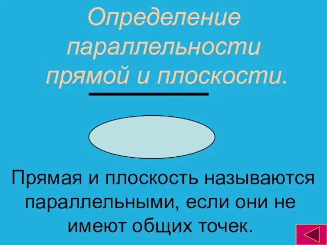 Определение параллельности прямой и плоскости. Прямая и плоскость называются параллельными, если они не имеют общих точек.