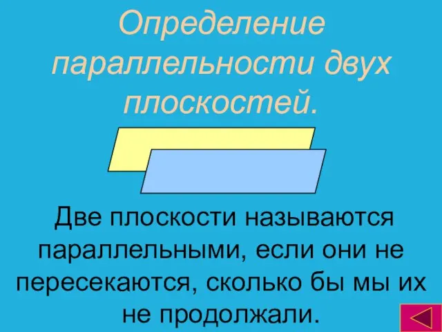 Определение параллельности двух плоскостей. Две плоскости называются параллельными, если они не