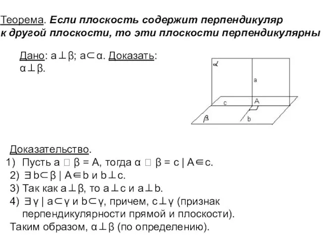 . Теорема. Если плоскость содержит перпендикуляр к другой плоскости, то эти