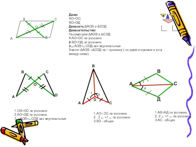 Дано: АО=ОС, ВО=ОД Доказать:ΔАОВ и ΔСОД Доказательство: Рассмотрим ΔАОВ и ΔСОД