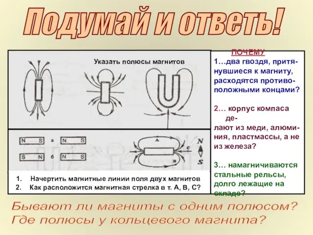 Подумай и ответь! Указать полюсы магнитов Начертить магнитные линии поля двух