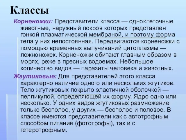 Классы Корненожки: Представители класса — одноклеточные животные, наружный покров которых представлен