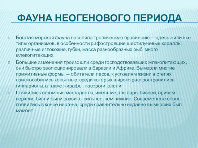 Фауна неогенового периода Богатая морская фауна населяла тропическую провинцию — здесь