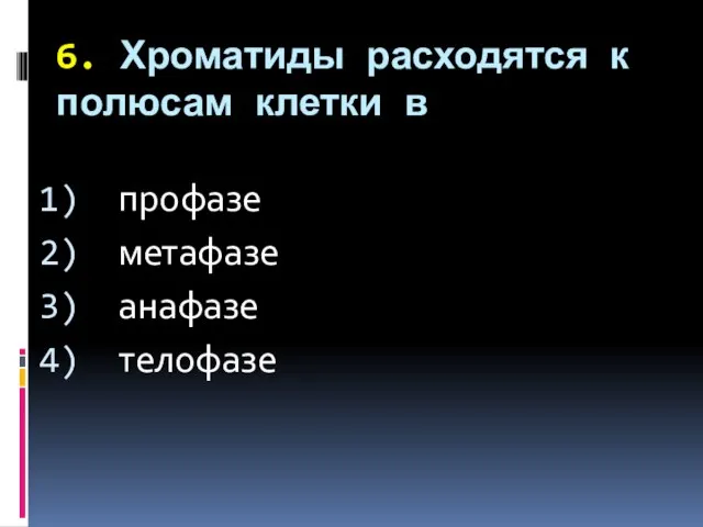 6. Хроматиды расходятся к полюсам клетки в профазе метафазе анафазе телофазе