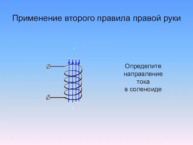 Применение второго правила правой руки Определите направление тока в соленоиде