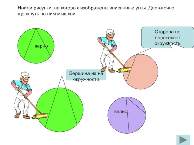 Найди рисунки, на которых изображены вписанные углы. Достаточно щелкнуть по ним