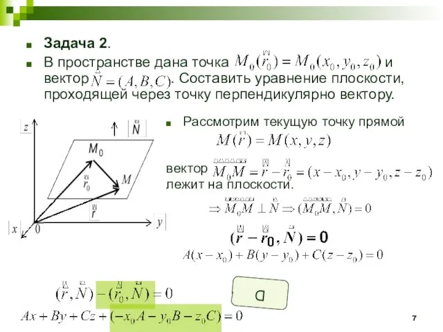 Задача 2. В пространстве дана точка и вектор . Составить уравнение