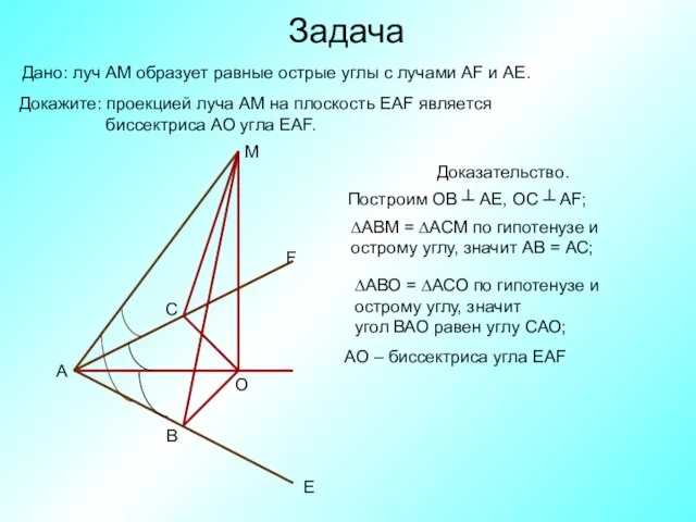 Задача Дано: луч АМ образует равные острые углы с лучами AF