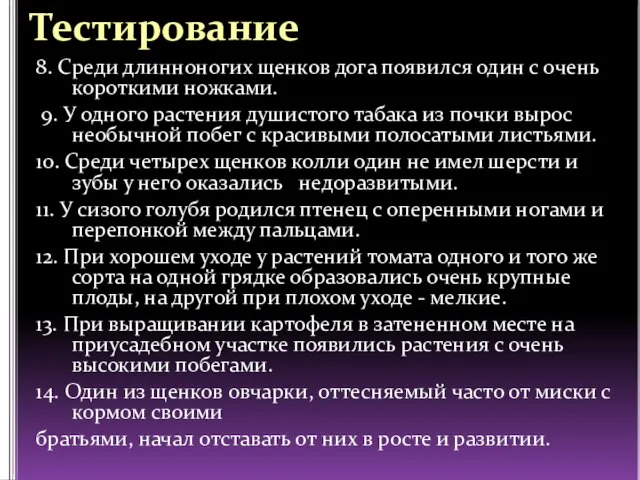 Тестирование 8. Среди длинноногих щенков дога появился один с очень короткими