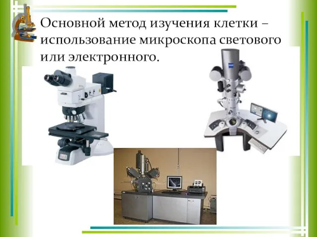 Основной метод изучения клетки – использование микроскопа светового или электронного.