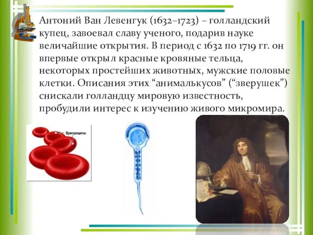 Антоний Ван Левенгук (1632–1723) – голландский купец, завоевал славу ученого, подарив