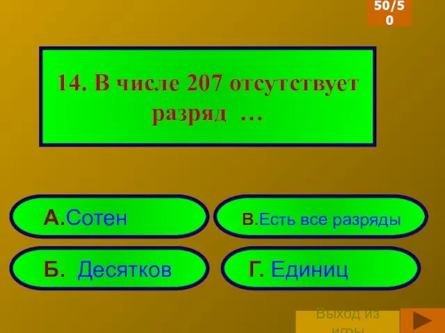 14. В числе 207 отсутствует разряд … Б. Десятков Г. Единиц