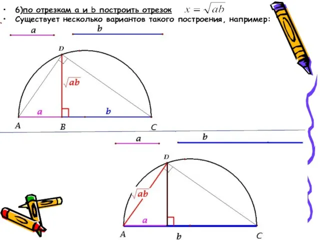 6)по отрезкам a и b построить отрезок Существует несколько вариантов такого построения, например: