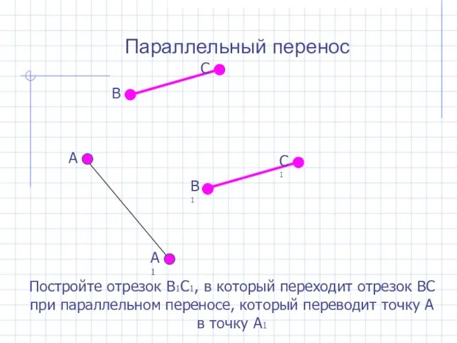 Параллельный перенос Постройте отрезок В1С1, в который переходит отрезок ВС при