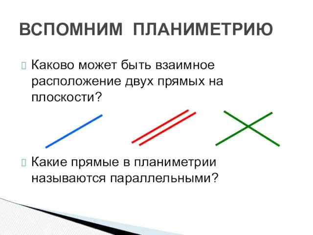 ВСПОМНИМ ПЛАНИМЕТРИЮ Каково может быть взаимное расположение двух прямых на плоскости?