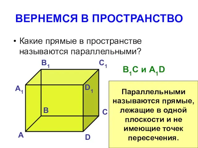 ВЕРНЕМСЯ В ПРОСТРАНСТВО Какие прямые в пространстве называются параллельными? А B