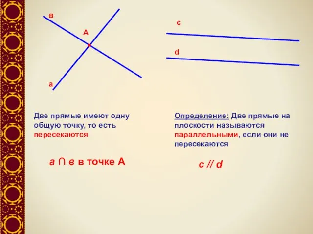 Две прямые имеют одну общую точку, то есть пересекаются а ∩
