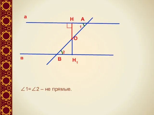 а в А В 1 2 ∠1=∠2 – не прямые. О Н Н1