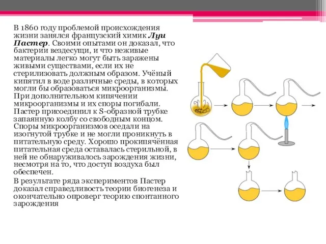 В 1860 году проблемой происхождения жизни занялся французский химик Луи Пастер.