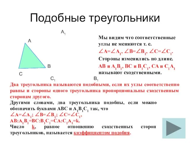 Подобные треугольники Мы видим что соответственные углы не меняются т. е.