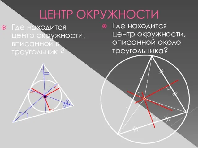 ЦЕНТР ОКРУЖНОСТИ Где находится центр окружности, вписанной в треугольник ? Где