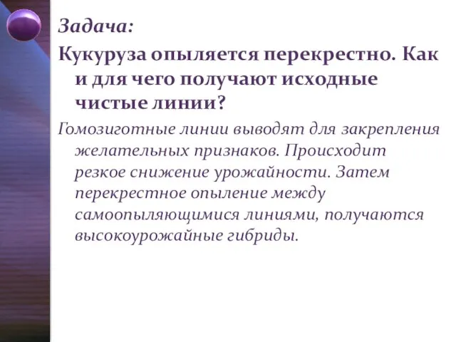 Задача: Кукуруза опыляется перекрестно. Как и для чего получают исходные чистые