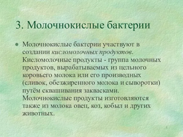 3. Молочнокислые бактерии Молочнокислые бактерии участвуют в создании кисломолочных продуктов. Кисломолочные