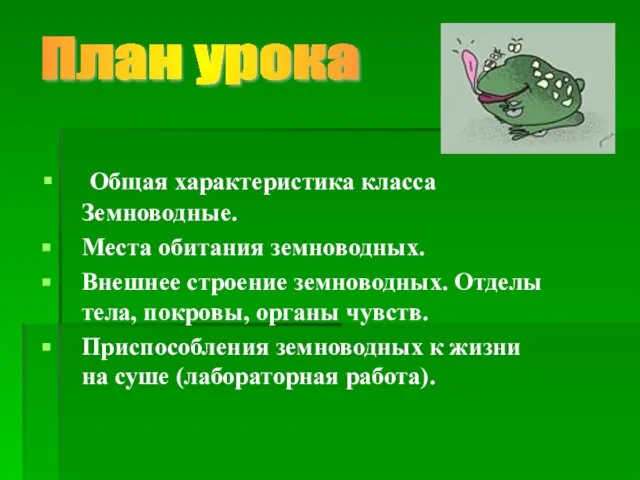 Общая характеристика класса Земноводные. Места обитания земноводных. Внешнее строение земноводных. Отделы