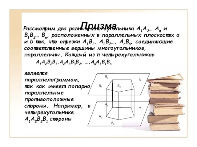 Призма Рассмотрим два равных многоугольника A1A2… An и B1B2… Bn, расположенных