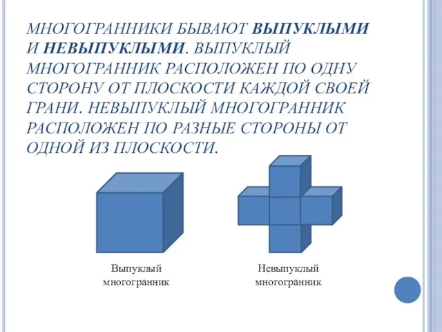 МНОГОГРАННИКИ БЫВАЮТ ВЫПУКЛЫМИ И НЕВЫПУКЛЫМИ. ВЫПУКЛЫЙ МНОГОГРАННИК РАСПОЛОЖЕН ПО ОДНУ СТОРОНУ