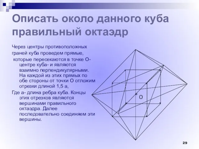 Описать около данного куба правильный октаэдр Через центры противоположных граней куба